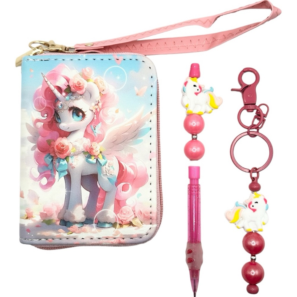NEW UNICORN WALLET PENCIL & KEYCHAIN SET